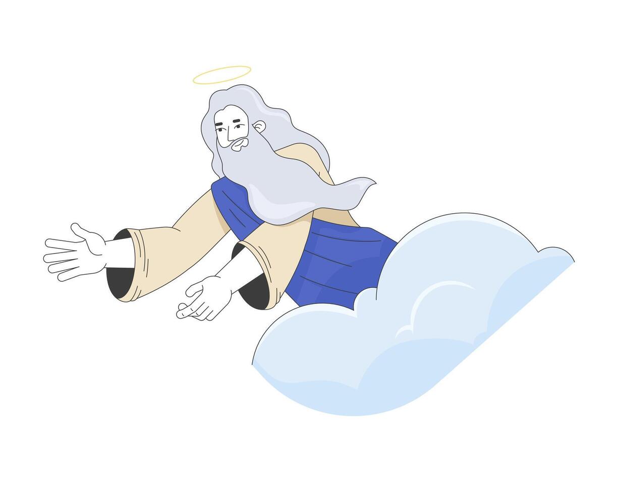 God reaching from clouds 2D cartoon bible character. Heavenly presence. Spiritual being. Divine figure with halo and flowing robes flat person isolated on white. Spot illustration colorful vector