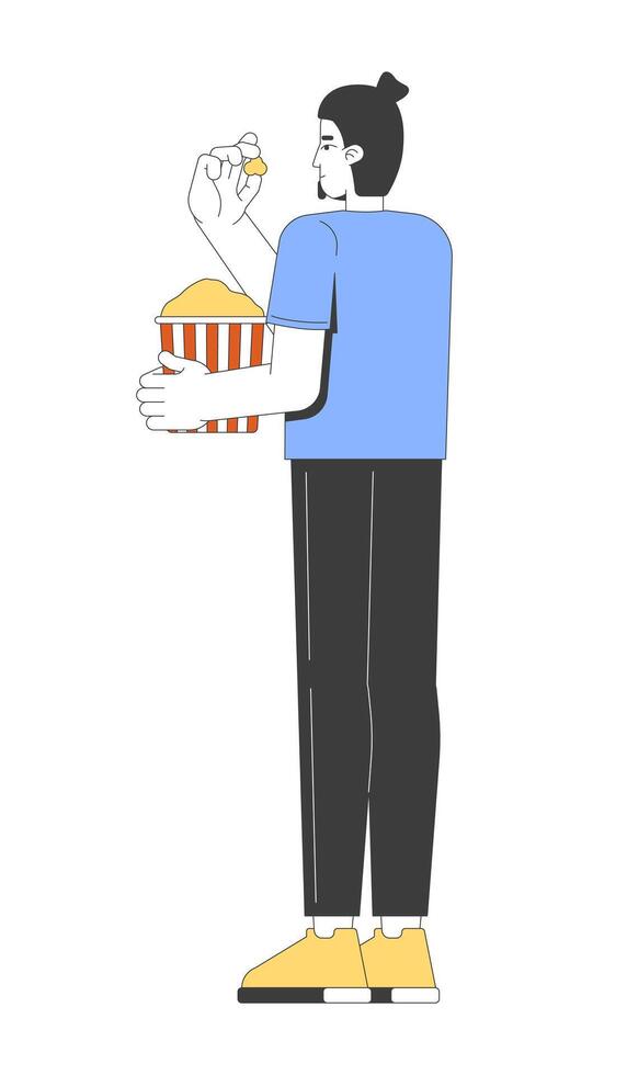 Caucasian topknot man standing and eating popcorn 2D cartoon character. Upright pose european male enjoying snack from striped bucket flat person isolated on white. Spot illustration colorful vector
