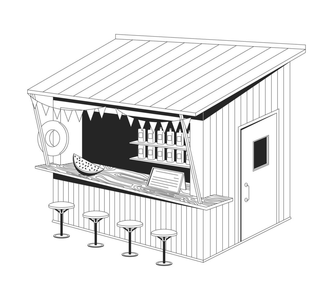 Tropical beach bar hut 2D line object. Summer vibe stand. Cozy beachside wooden kiosk with stools, bunting flags, slanted roof isolated clipart ink outline item. Monochrome spot illustration vector