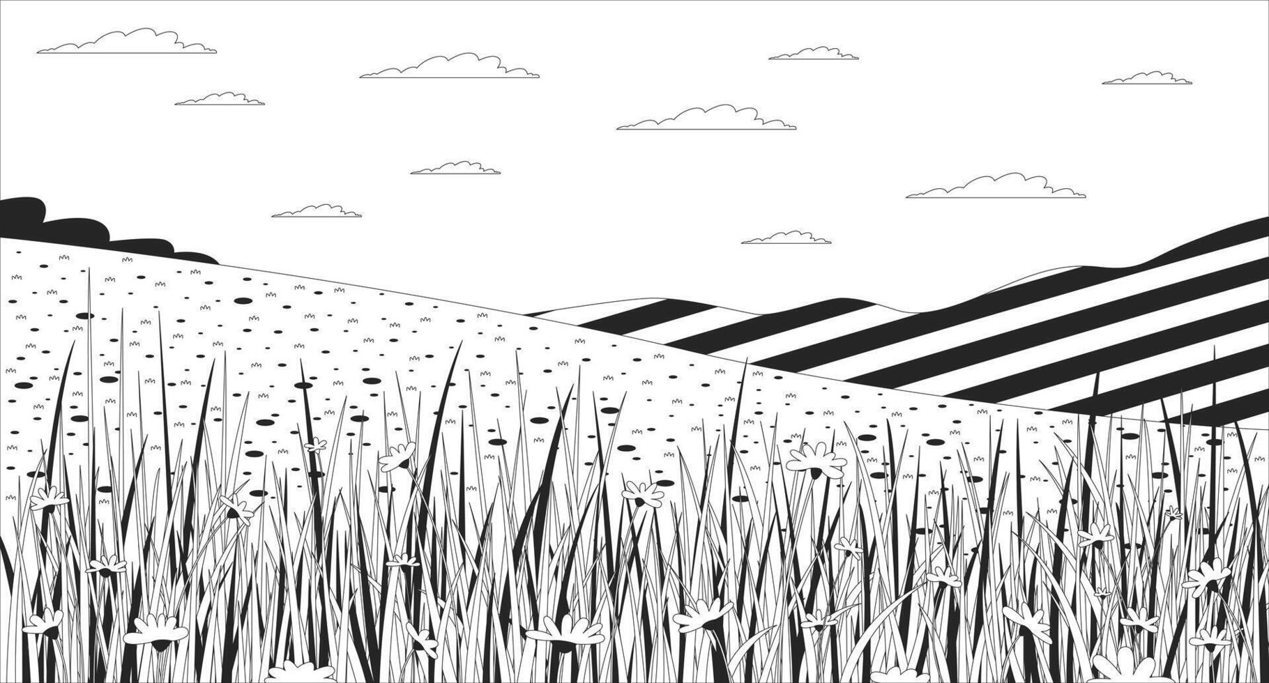 Blooming wildflower meadow in rolling hills line illustration backdrop. Peaceful hillside landscape. Summer countryside. Springtime scenery 2D ink outline monochrome lo-fi background. Lineart vector