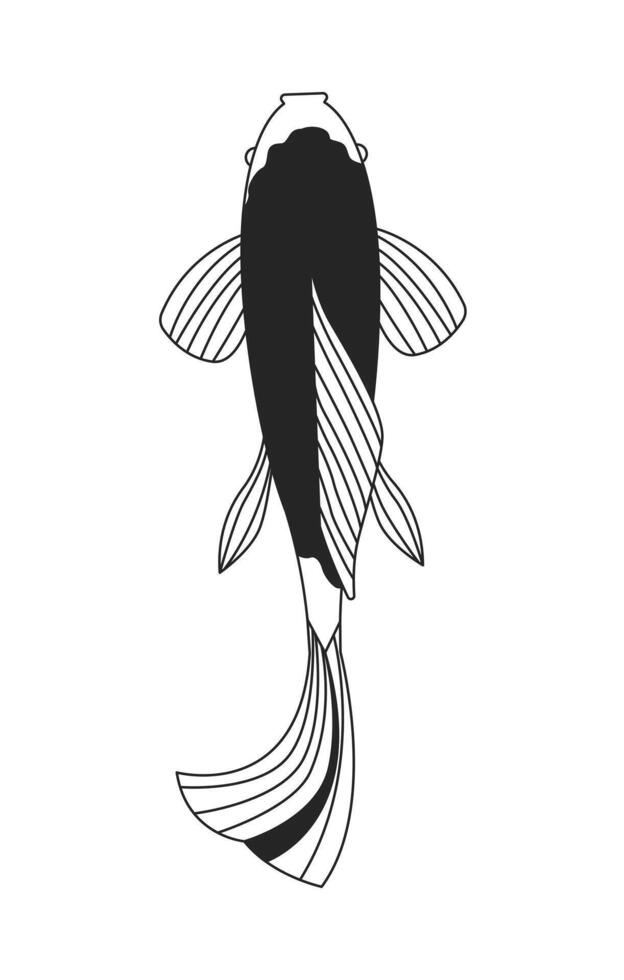 Decorative koi fish top view 2D line character. Asian motif. Aquatic animal. Ornamental Japanese fish. Fancy carp from above isolated ink outline animal. Monochromatic spot illustration vector