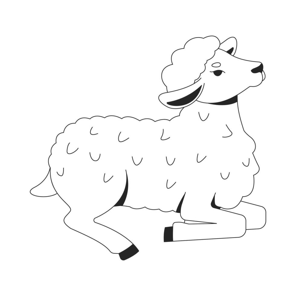 Lamb lying down in peaceful pose 2D line character. Innocence. Pastoral gentle creature. Cute little sheep with soft white wool isolated ink outline animal. Monochromatic spot illustration vector