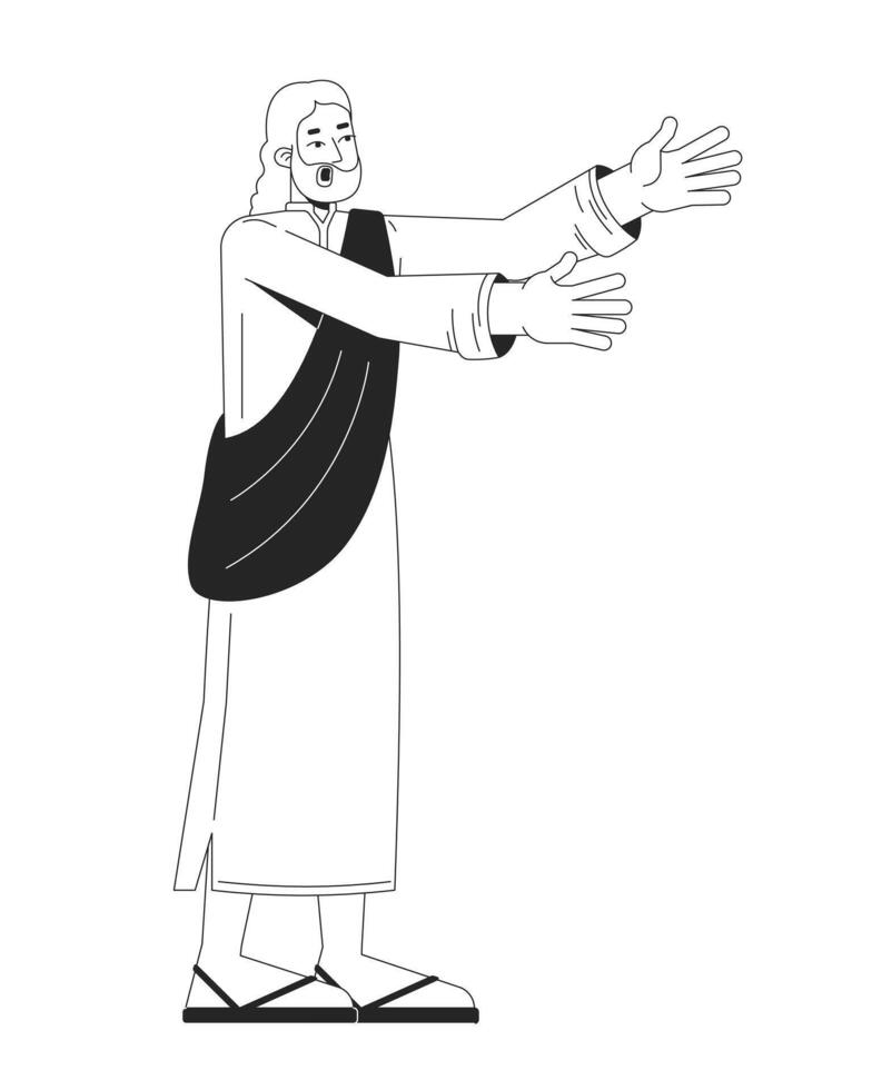 Biblical prophet in traditional robes reaching forward 2D line bible character. Holy man proclaiming. God messenger extended arms isolated ink outline person. Monochromatic spot illustration vector
