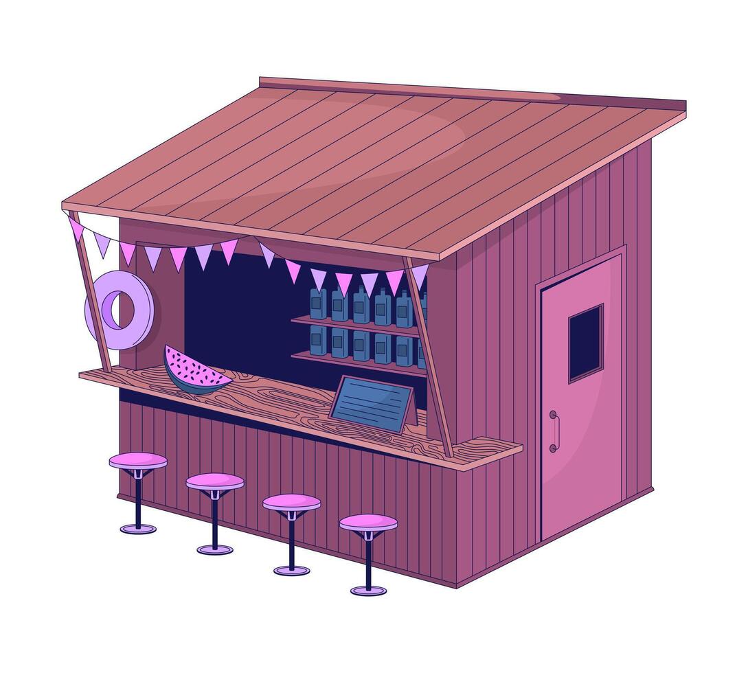 Tropical beach bar hut 2D cartoon object. Summer vibe stand. Cozy beachside wooden kiosk with stools, bunting flags, slanted roof isolated element flat clip art on white. Spot illustration vector