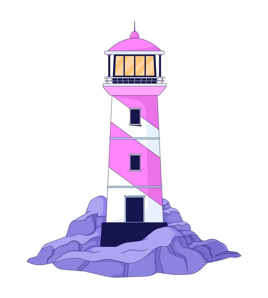 Lighthouse on rocky coast 2D cartoon object. Seaside beacon cliff rocks. Beach safety. Marine signal. Shore light. Nautical landmark isolated element flat clip art on white. Spot illustration vector