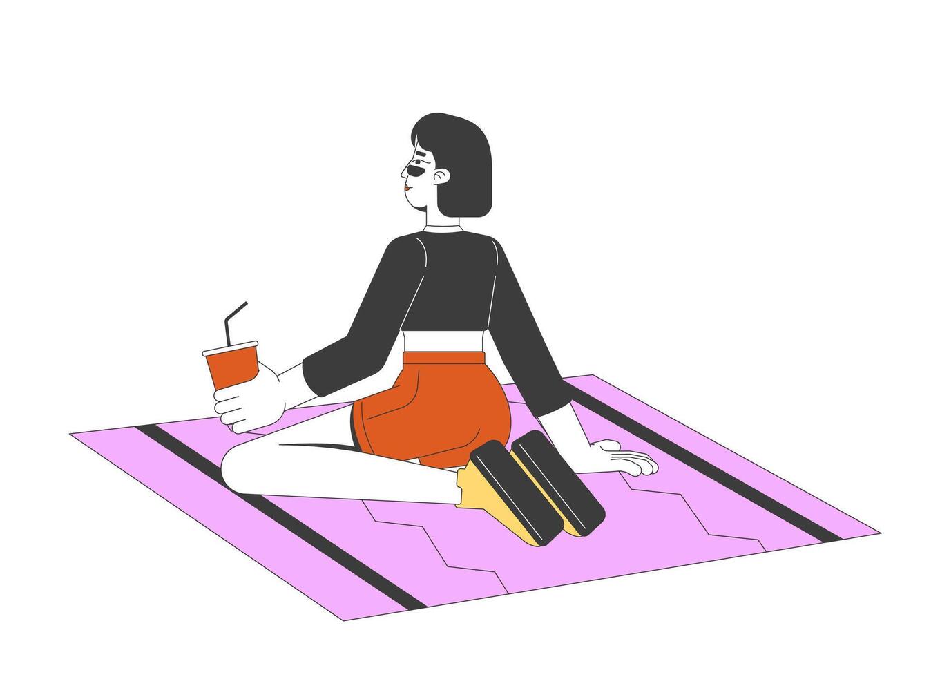 Trendy gen z chinese girl sitting on knees on patterned mat 2D cartoon character. Summer mood woman sipping refreshment drink straw flat person isolated on white. Spot illustration colorful vector