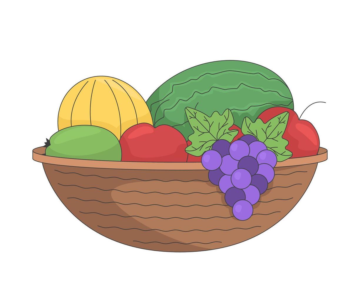 Woven basket brimming with assorted fruits 2D cartoon object. Fresh harvest. Healthy apples, melon, watermelon, grapes. Food abundance isolated element flat clip art on white. Spot illustration vector