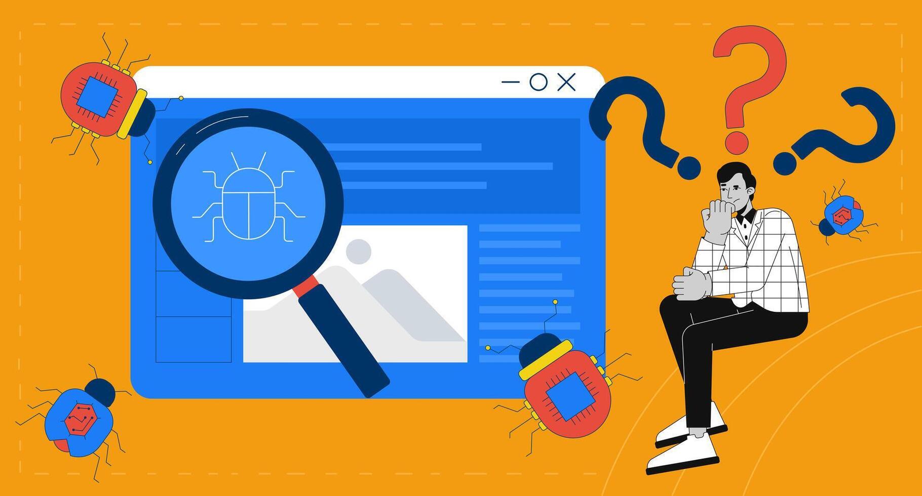 Person pondering website bugs and solutions vector