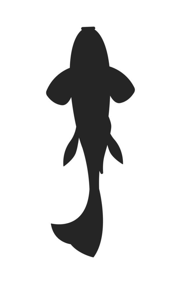 Koi fish silhouetted with flowing tail 2D black filled character. Abstract ornamental carp. Japanese fish tattoo. Cultural symbolism isolated clipart ink animal. Monochrome spot illustration vector