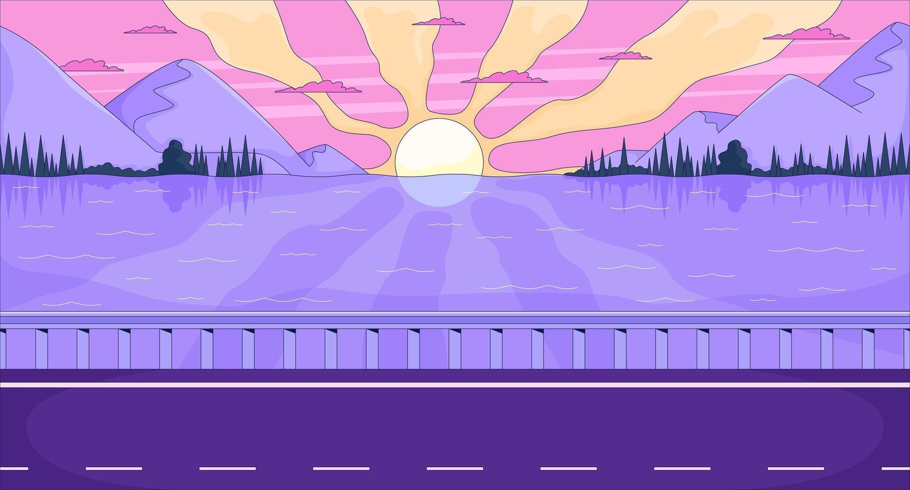 Sunset over mountain lake with roadside flat illustration background. Twilight summer road. Sun rays across water, lakeside highway dusk sky 2D cartoon lofi backdrop. Colorful scene art image vector