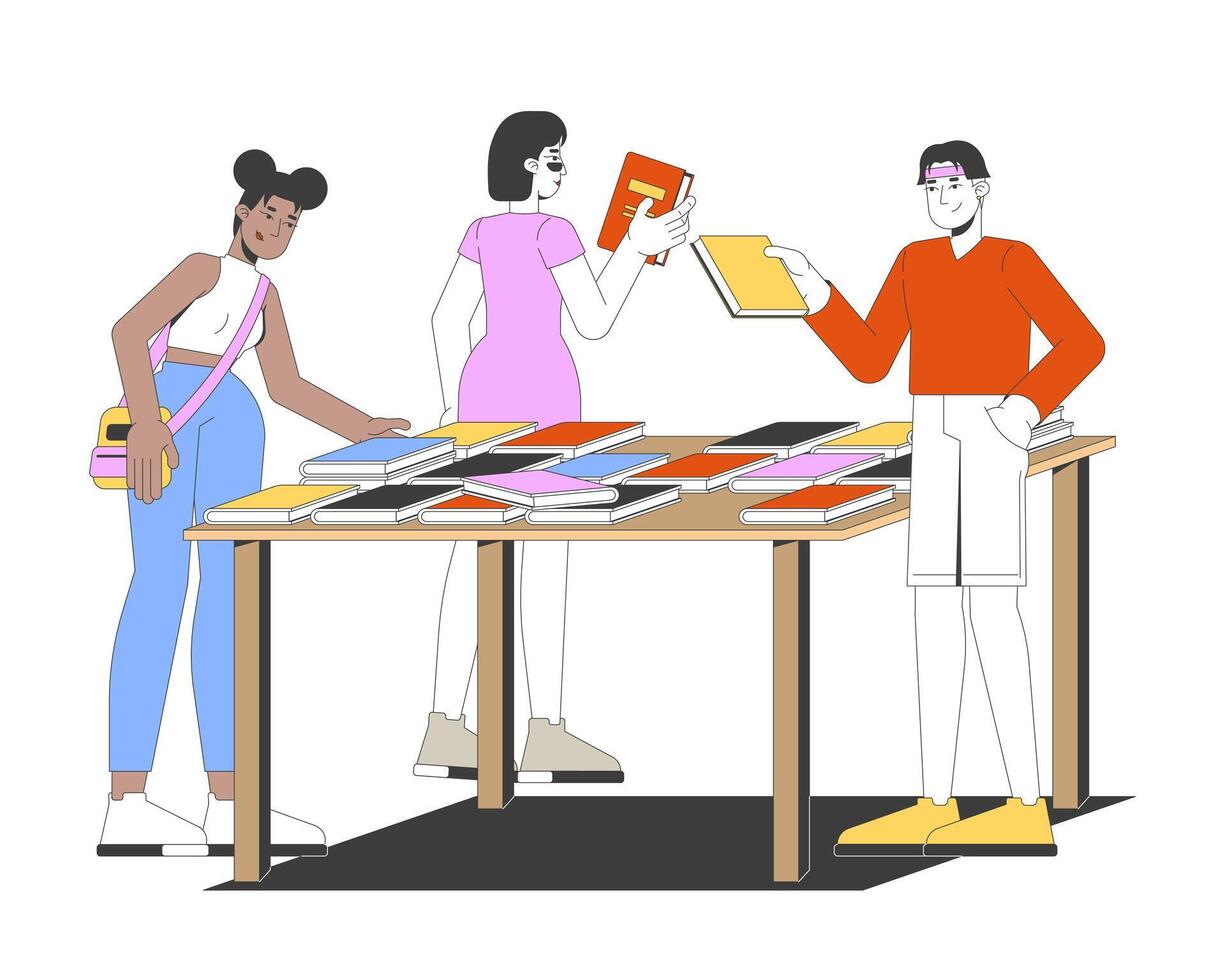 Diverse bookstore visitors browsing books on display table 2D cartoon characters. Bookshop students selecting novels on bookfair flat people isolated on white. Spot illustration colorful vector