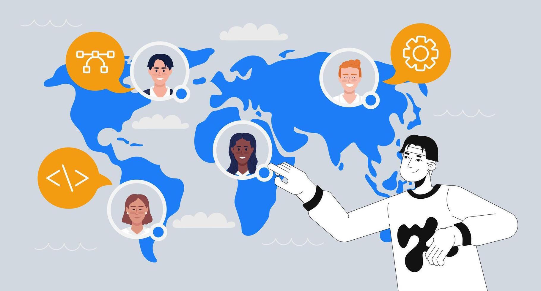 Global software development and jobs outsourcing 2D illustration concept. Recruiting talent. World map with diverse developers cartoon conceptual abstract art. Flat metaphor on grey background vector