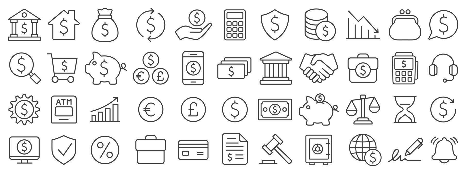 Money and banking editable line icons set. Personal finance icon collection. Budget, savings, expense, income, loan, dollar, euro, pound. illustration image. Isolated on white background. vector