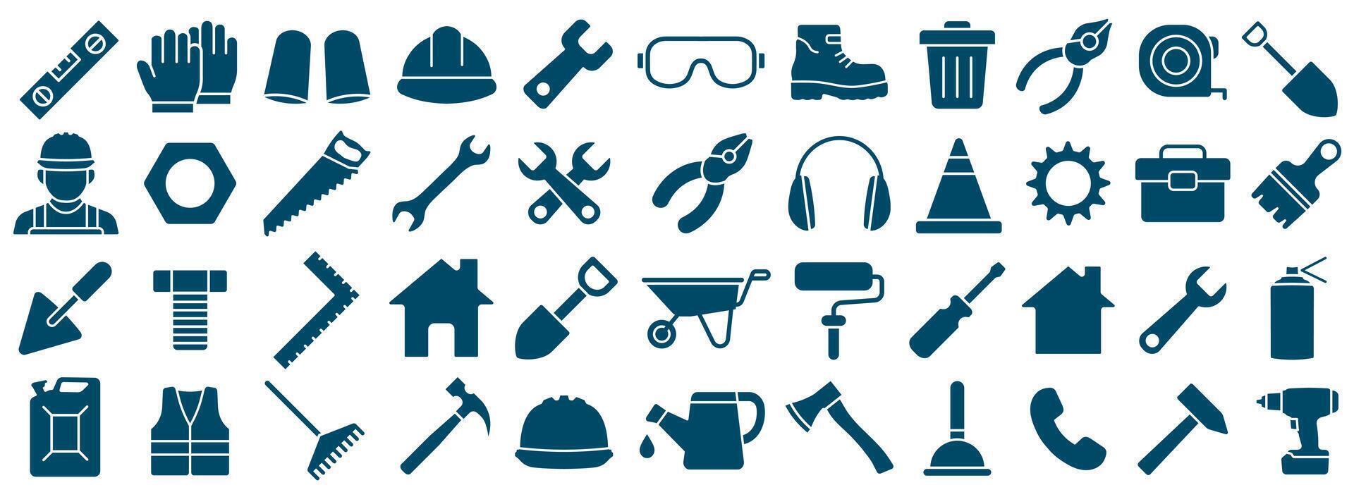 Tools and working safety icons set. Repair, handyman, fixing, work, safety gears, tool logo, icon, sign collection. illustration image. Isolated on white background. vector