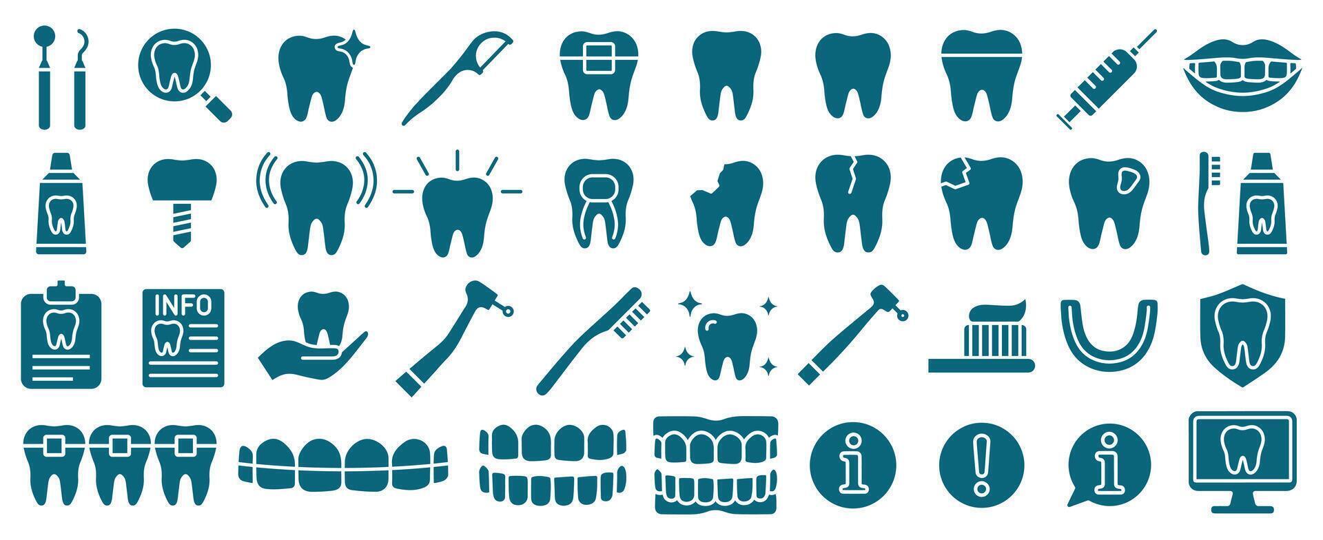 Dental care icons set. Dentist, oral health logo sign collection. Icon tooth, teeth, caries, implant, dentures. illustration image. Isolated on white background. vector