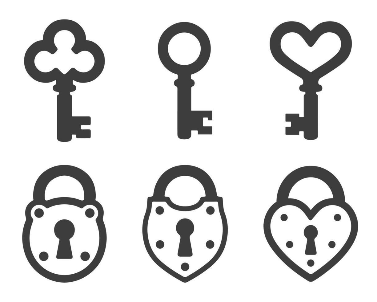 Key and lock icon symbol set. Keys and locks. Antique key silhouettes, keyhole, Heart key and lock. illustration image. Isolated on white background. vector