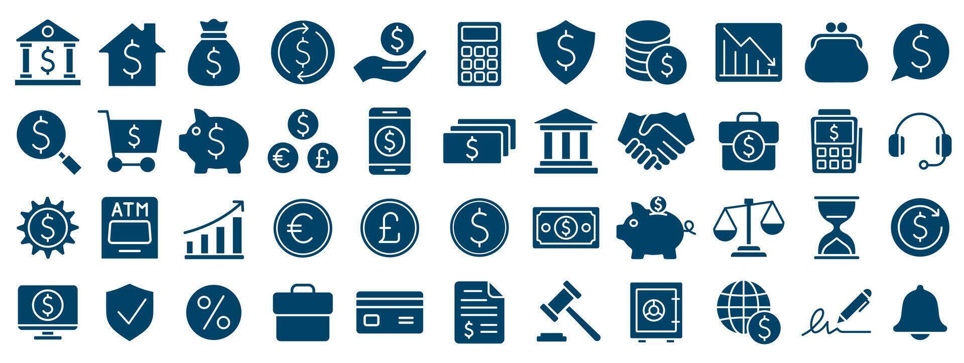 Money and banking icons set. Personal finance icon collection. Budget, savings, expense, income, loan, dollar, euro, pound. illustration image. Isolated on white background. vector