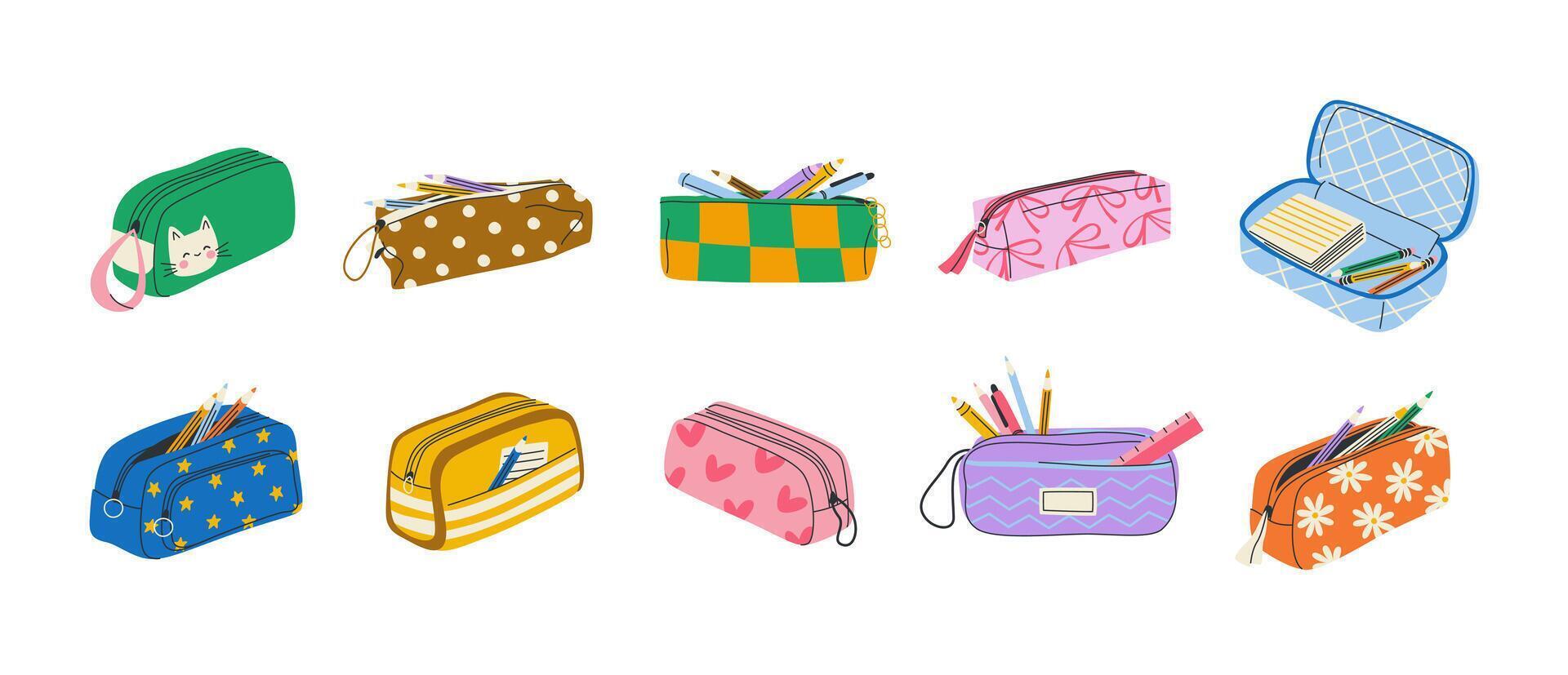 Set of pencil cases for preschoolers, school kids, university students. Isolated hand drawn clip art collection of various pen cases with school supplies for boys and girls. Back to school concept. vector