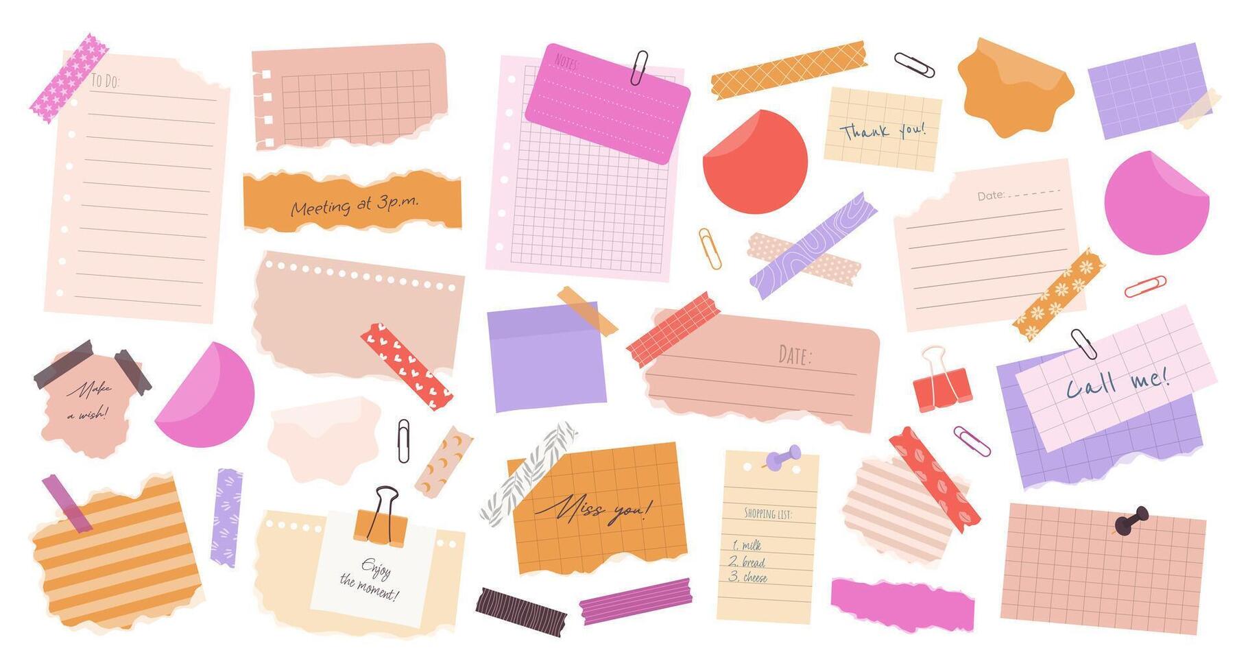 Big set of different torn paper notes, stickers, to do list, notebook, duct tapes, paper clips. Isolated flat sticky elements, planners, reminders for mood boards, scrapbooking, craft designs. vector