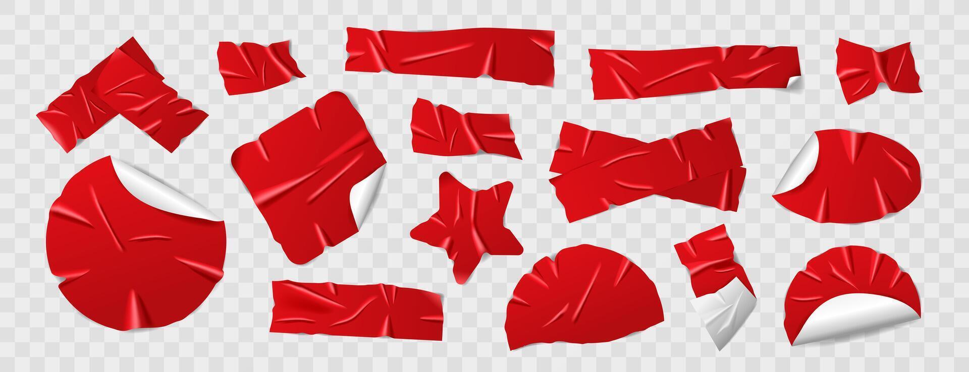 Set of glossy red duct tape, adhesive tape, sticky paper strips. Isolated elements in different shapes on a background. Realistic wrinkled tape pieces for collages and scrapbooking vector