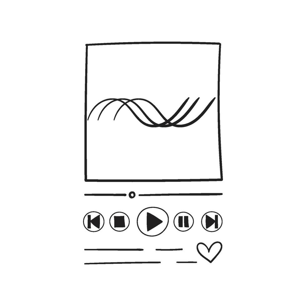 Vertical hand-drawn music player template, doodle buttons for downloading and playing music, podcast, audiobook vector