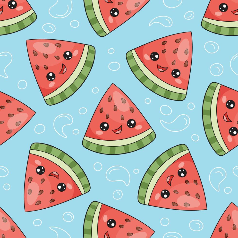 Kawaii watermelon slice, seamless pattern, summer illustration vector