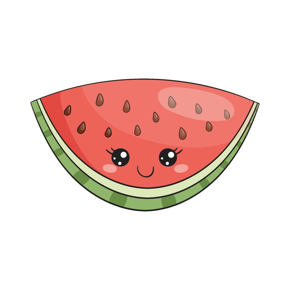 Semicircular slice of watermelon, kawaii illustration, charming doodle character, hand-drawn vector