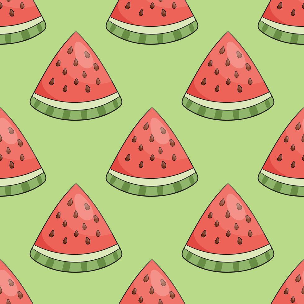 Watermelon slice, seamless doodle pattern, summer design with green background vector