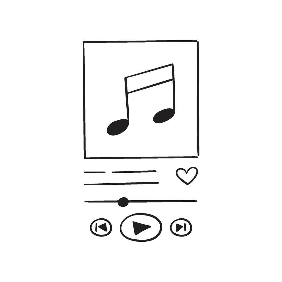 A sketch of a doodle-style music player template. Media content design music, podcast, audiobook. Buttons and cover, rewind track vector