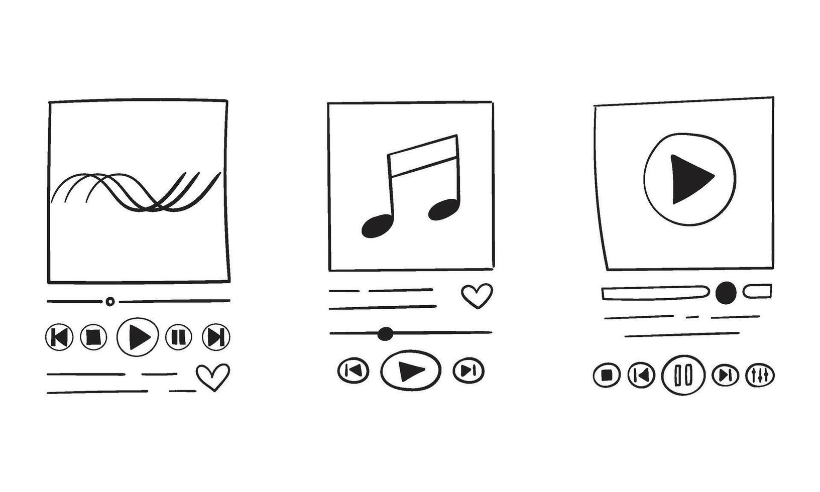 A set of templates for doodle-style media players. Hand-drawn sketches of a music player, audiobook player, and podcast player vector