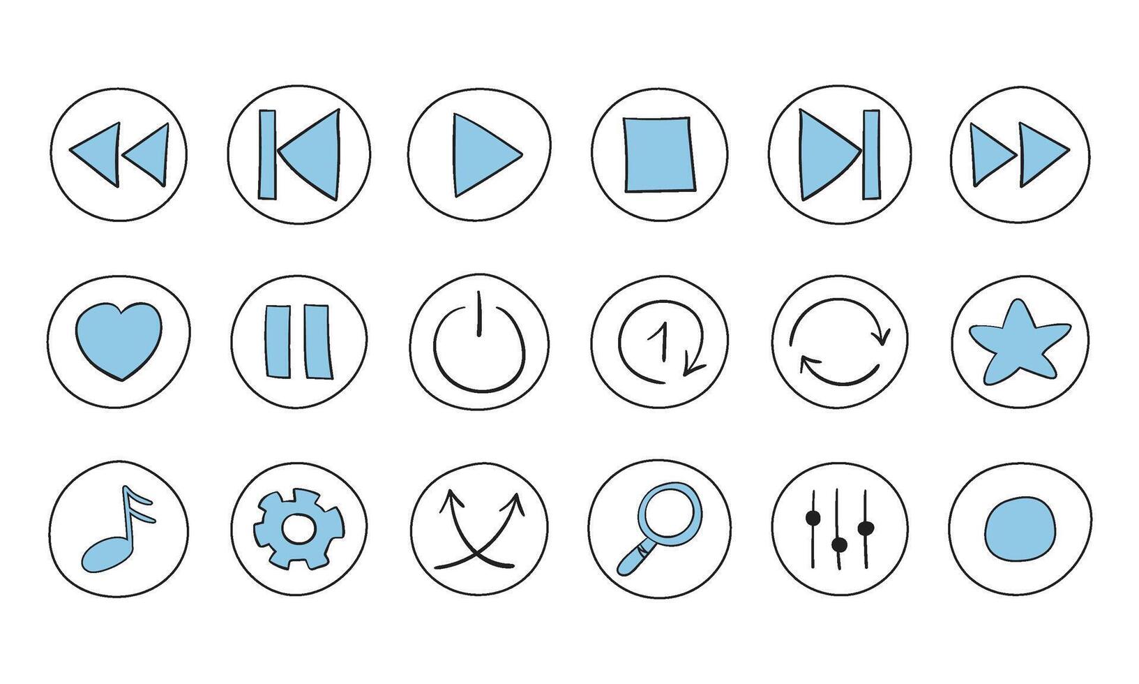 Hand-drawn buttons for the media player. Doodle-style icons for podcasts, audiobooks, and music vector