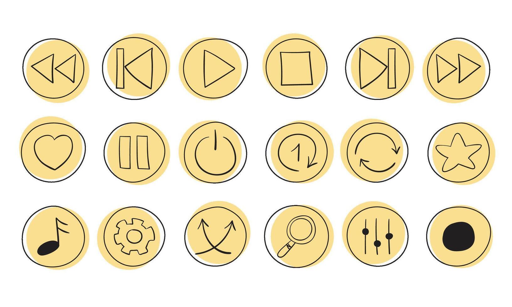Collection of doodle icons, buttons for the music player interface, applications for podcasts, audio recordings vector