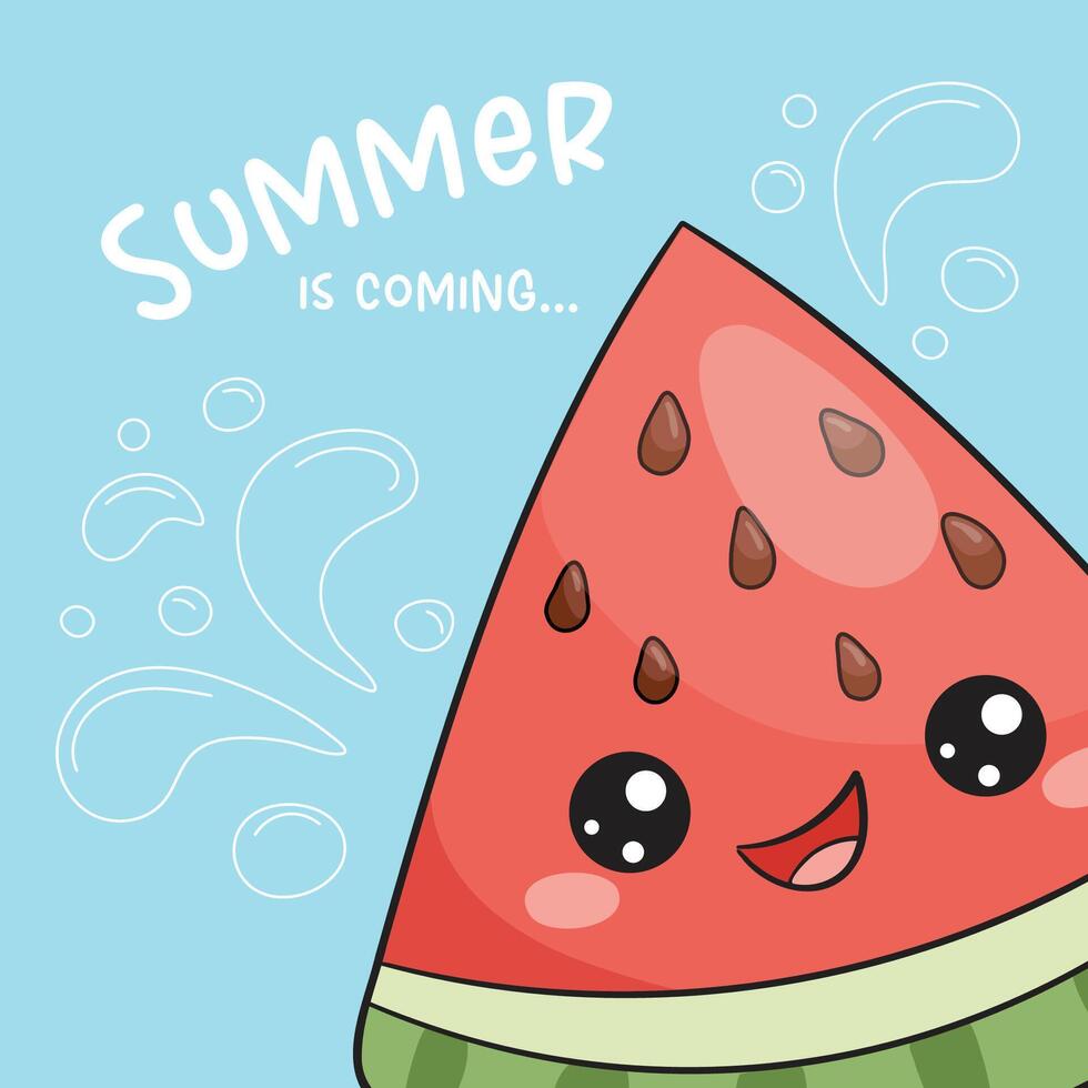A summer postcard template with a slice of watermelon and the inscription summer is near. The Kawaii character vector