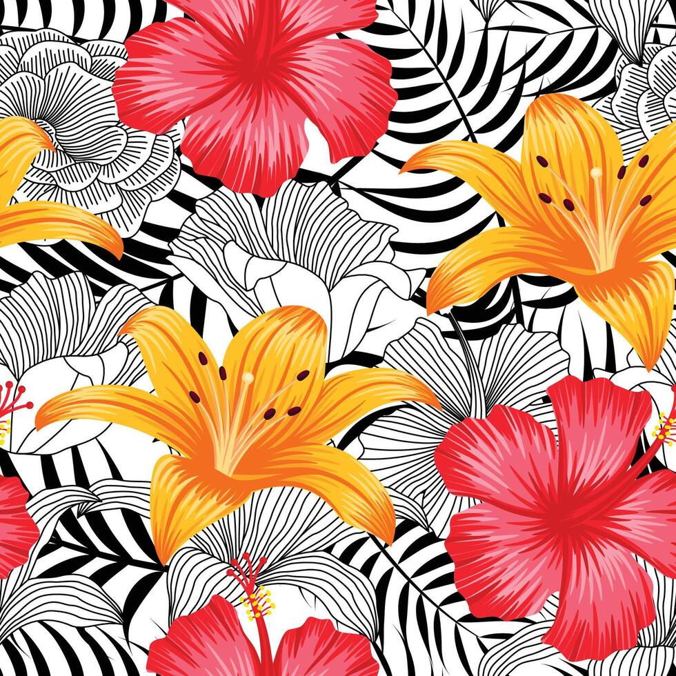 Abstract Floral seamless pattern with leaves. outline tropical background vector