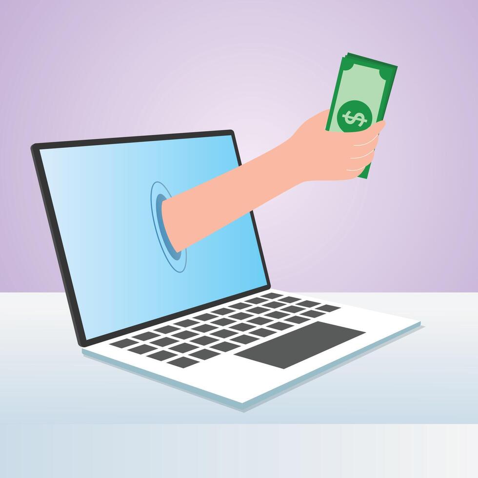 Hand giving money from a laptop, online business, work from home, work from anywhere vector