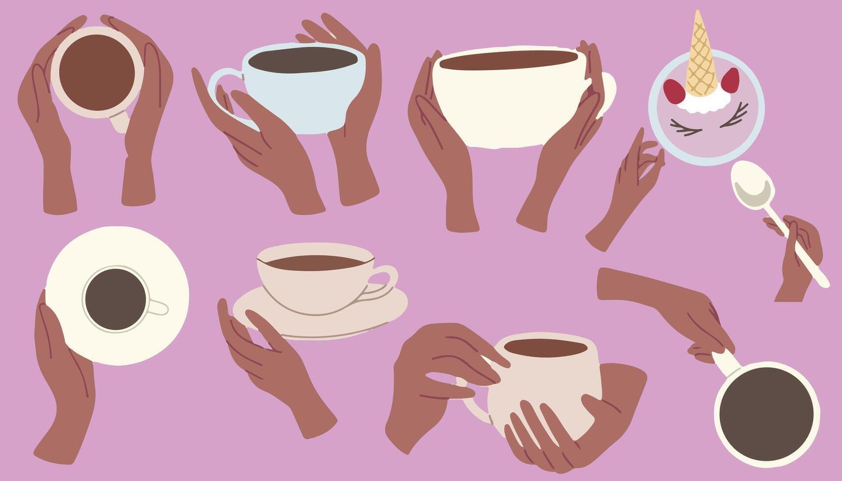 Flat set illustrations of hands with dark skin holding cups. icons isolated on green background. vector