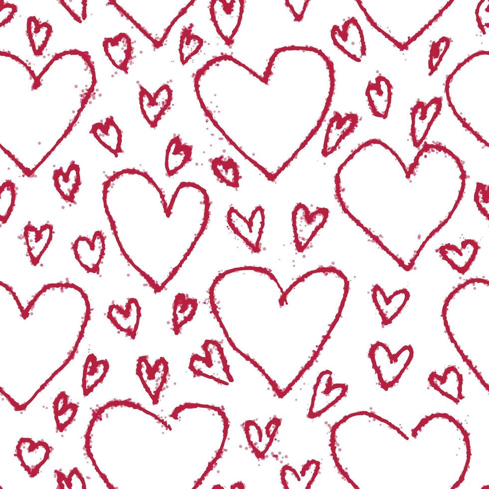 Hearts gel pen line seamless pattern hand drawn. Pink doodle symbols on white small and big. vector