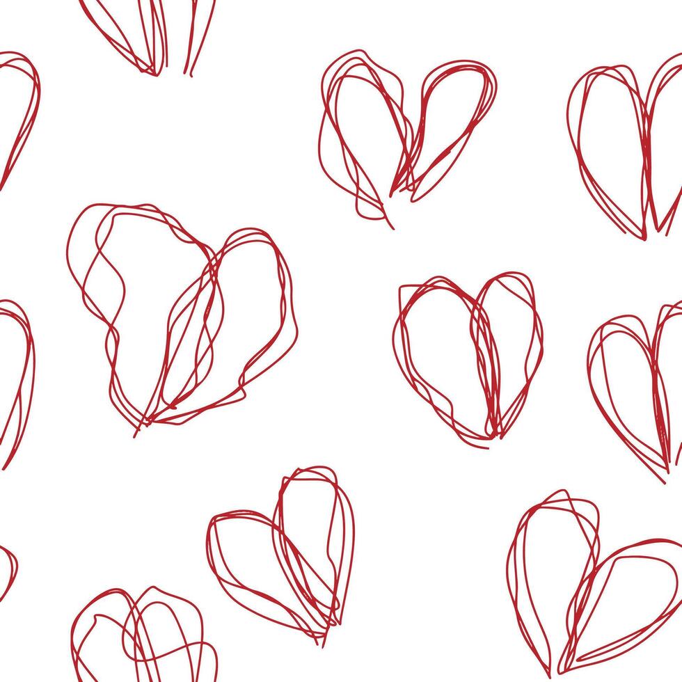 Hearts wavy line seamless pattern hand drawn. Red doodle symbols on white. vector