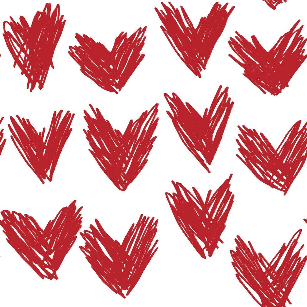 Hearts scratches polka dot seamless pattern hand drawn. Red pencil doodle symbols on white. vector