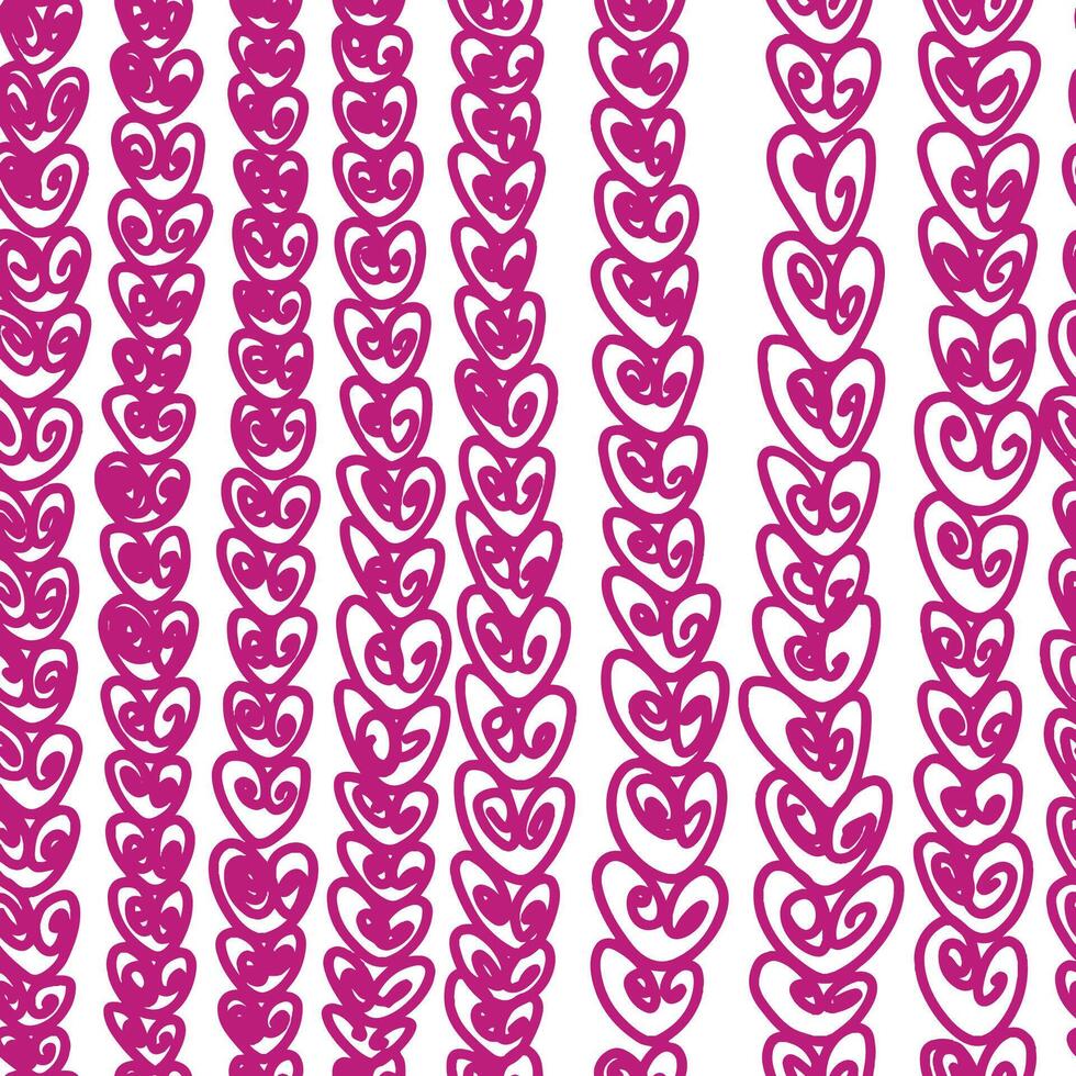Hearts vertical ribbons seamless pattern hand drawn. Pink curly doodle symbols on white. vector
