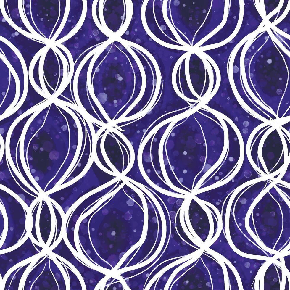 Abstract seamless pattern with hand drawn waves, arches, feathers. Blue, white circles. vector