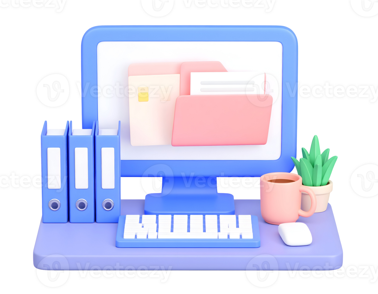 Modern 3D Office Desk Setup with Computer and Files png