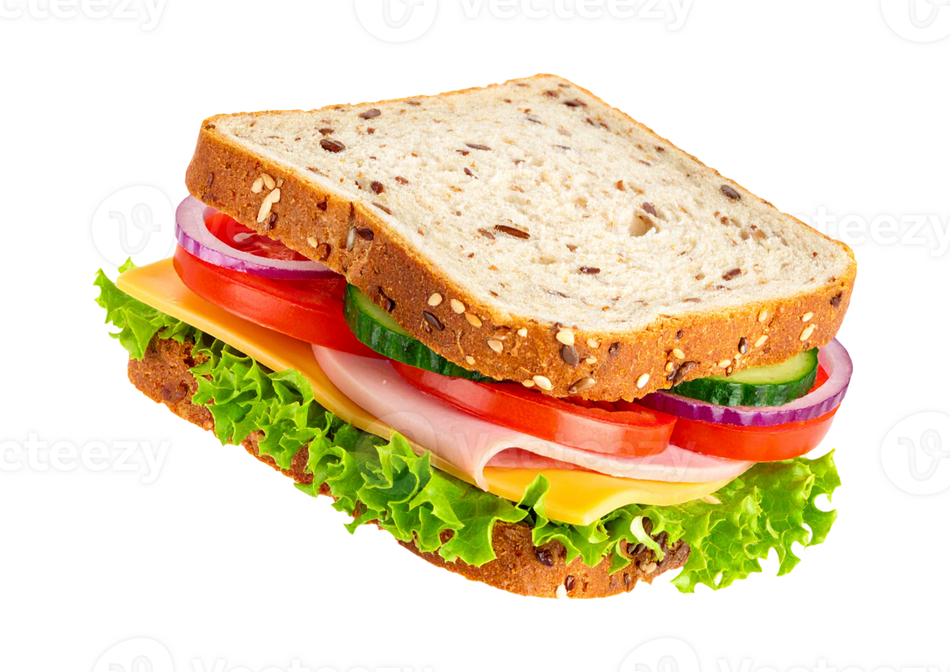 A sandwich with lettuce, tomatoes, and cheese png