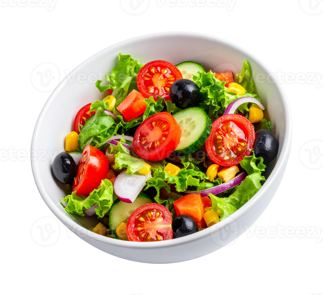 A bowl of salad with tomatoes, cucumbers, corn, and black olives png