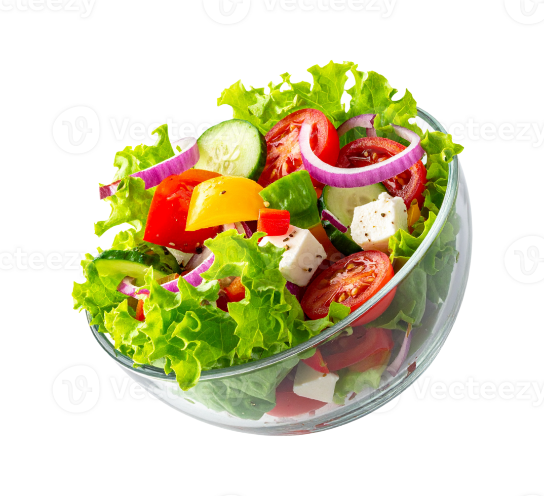 A salad in a glass bowl with tomatoes, cucumbers, onions and other vegetables png