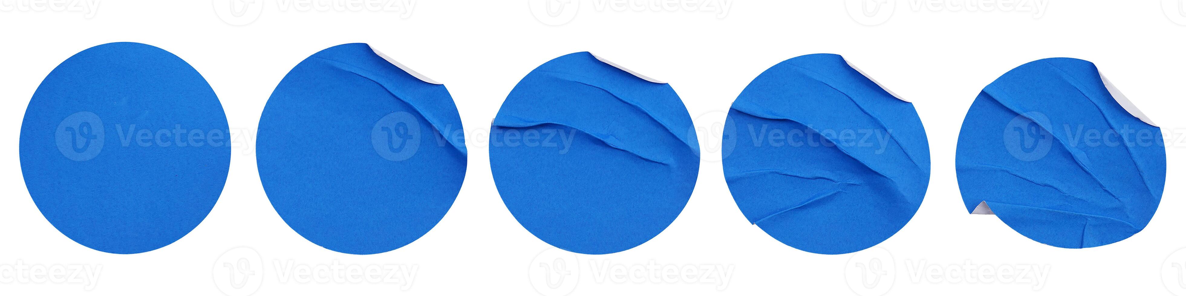 Set collection of blank blue paper stickers mock up in round shape isolated on white background photo