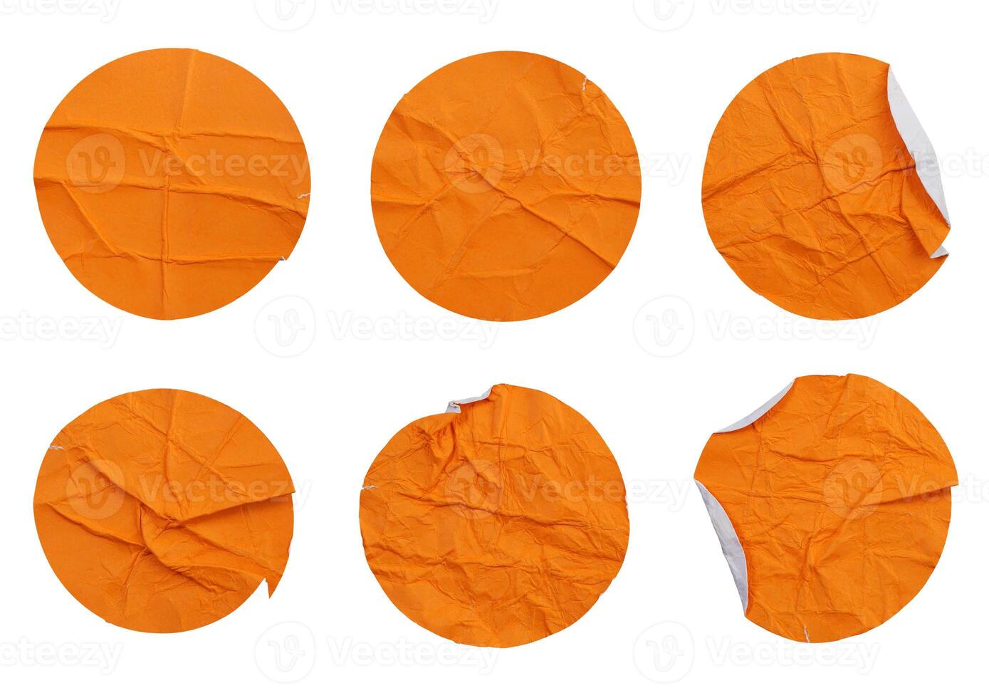 Set collection of blank crumpled orange paper stickers in round shape isolated on white background photo