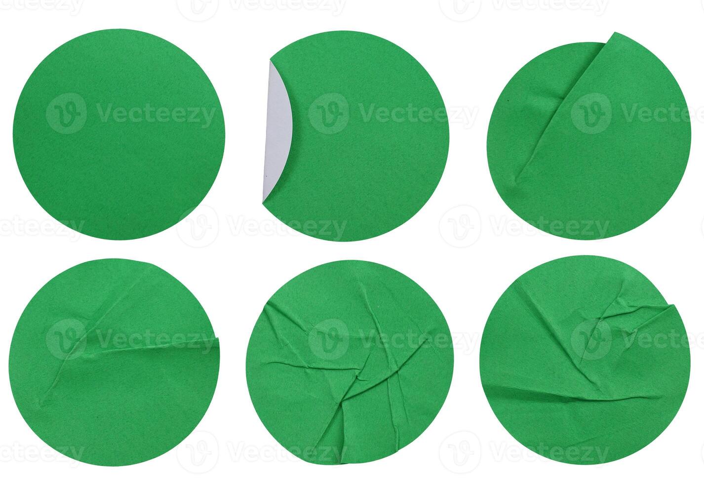 Set collection of blank green paper stickers mock up in round shape isolated on white background photo