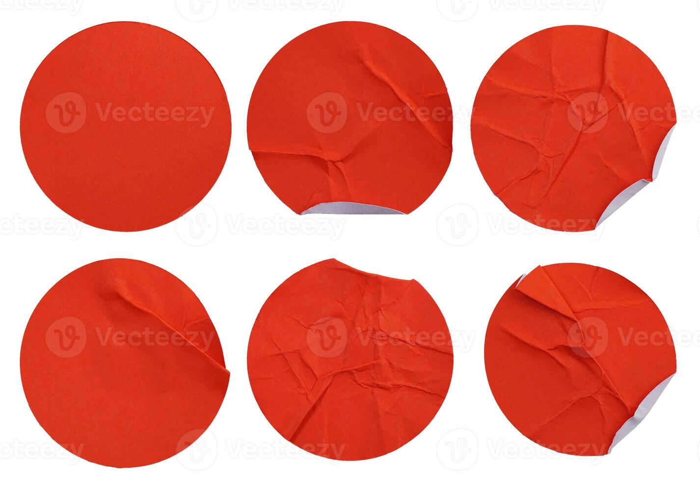 Set collection of blank red paper stickers mock up in round shape isolated on white background photo