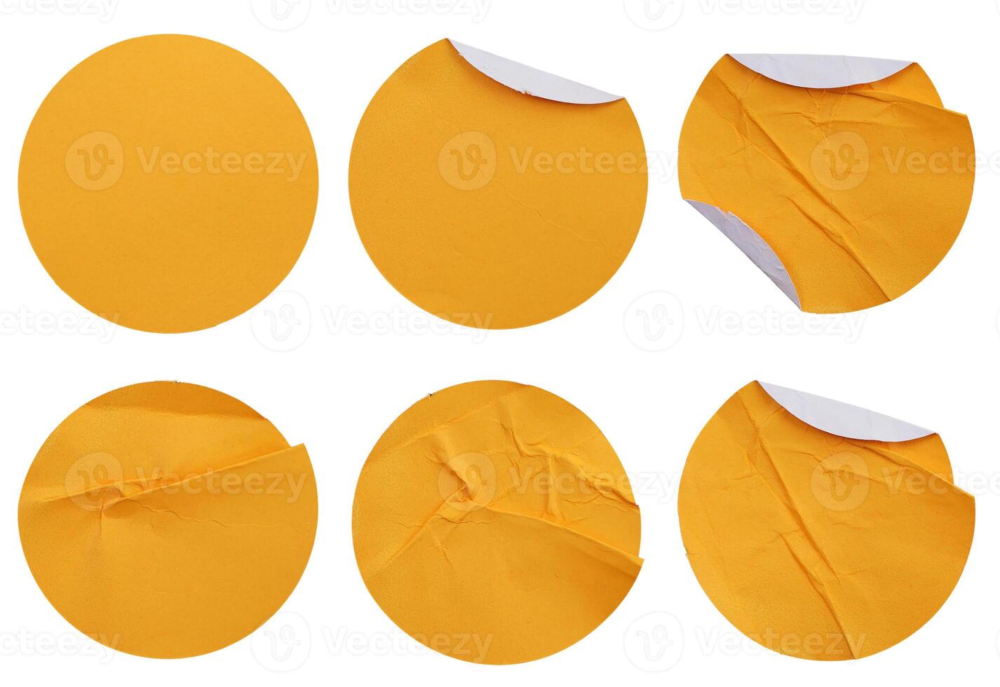 Set collection of blank yellow paper stickers mock up in round shape isolated on white background photo
